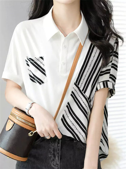 Trendiges, gestreiftes Kurzarm-Poloshirt mit Kragen für Damen