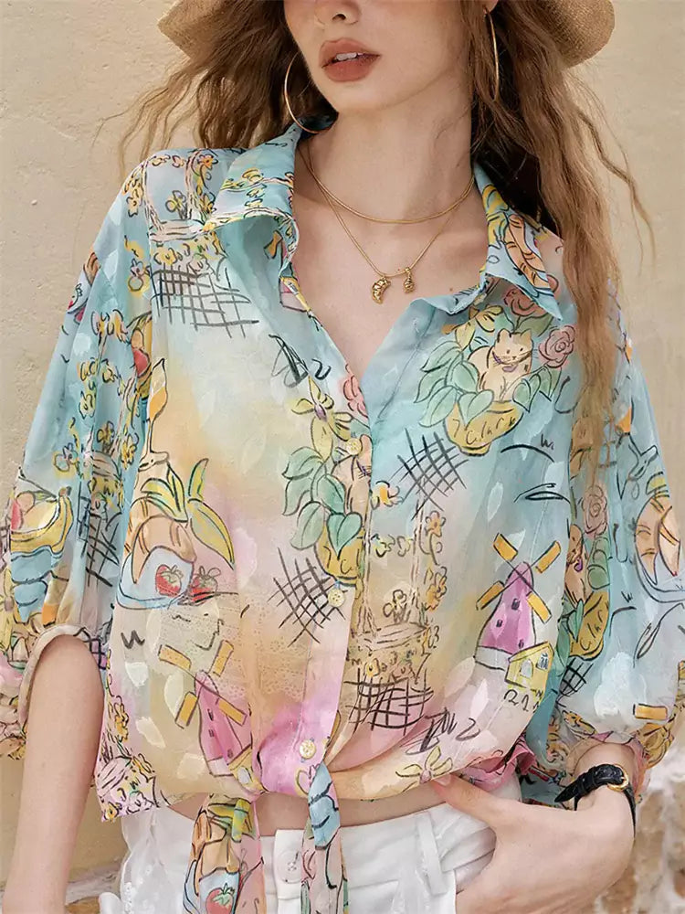 All-Over Print Tie-Up Long Sleeve Vacation Style Beach Blouse for Women