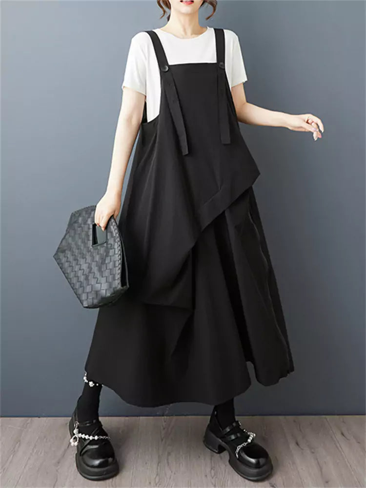 Dark Academia Style Patchwork Suspender Dress
