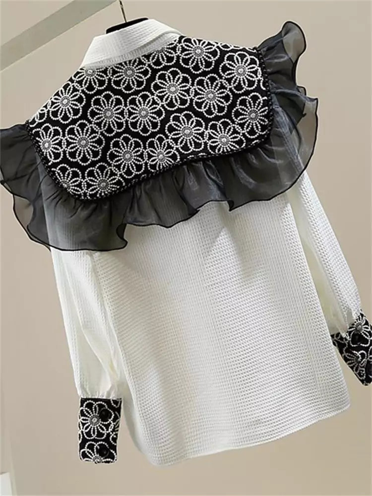 Sweet Embroidered Ruffle Trim Button-Up Shirt with Tie Cape Two-Piece Set for Women