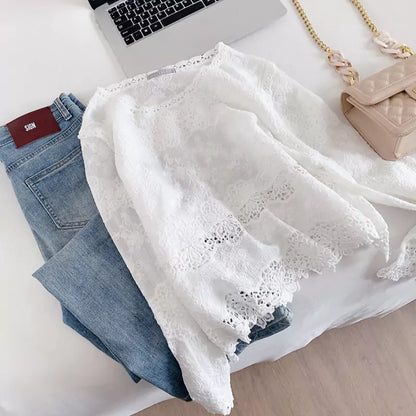 Jersey de algodón blanco con encaje y bordado jacquard calado para mujer