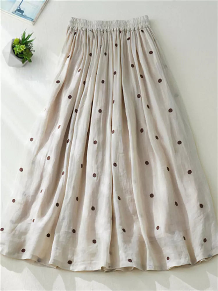 High-Waisted Double-Layer Ramie & Linen A-Line Polka Dot Maxi Skirt for Women