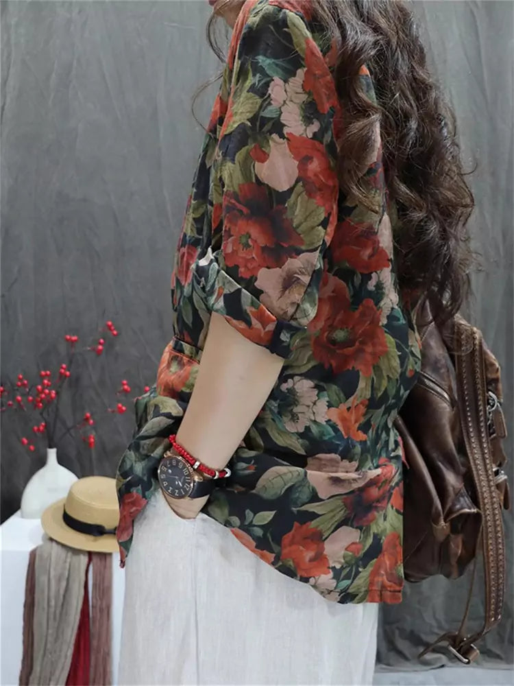 Vintage Printed Cotton Linen Blazer Jacket for Women