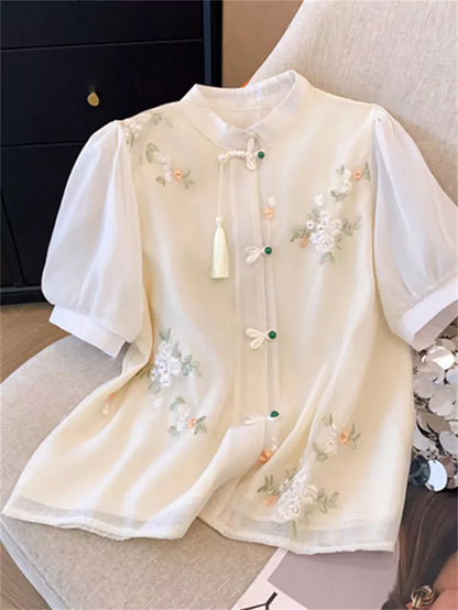 Blusa de gasa de manga corta con bordado exquisito y mangas abullonadas para mujer, talla grande