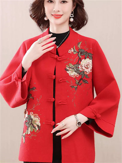 Kaschmirmantel im chinesischen Stil mit Blumenstickerei in Übergröße für Damen