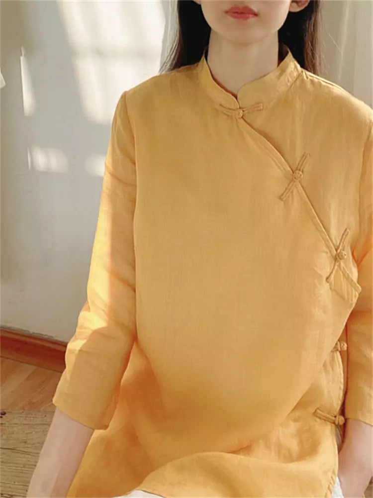 New Chinese Style Diagonal Placket Linen Blouse for Women