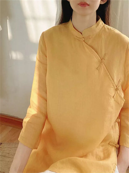 Nueva blusa de lino con tapeta diagonal de estilo chino para mujer