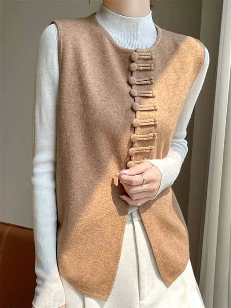 Nuevo chaleco de punto estilo chino color camello para mujer, otoño/invierno, sin mangas, holgado, con cierre de botón de rana