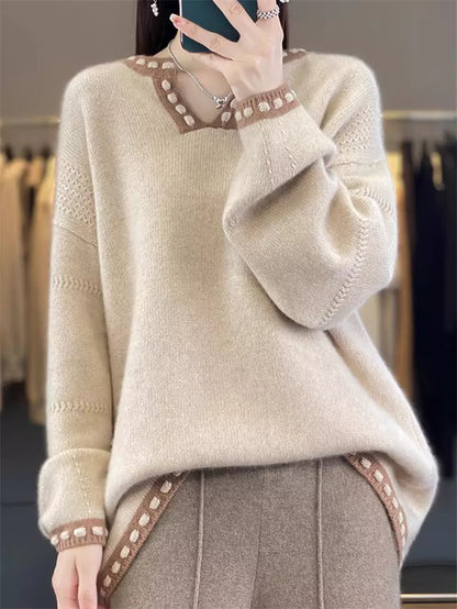 Colorblock Long Knit Sweater for Women – Cozy Oversized Mid-Length Pullover