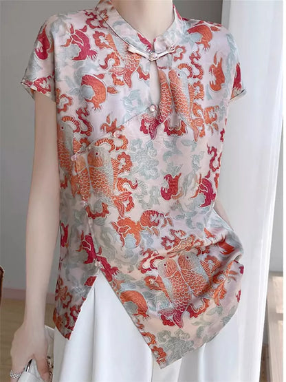Vintage Chinese Style Jacquard Satin Short Sleeve Loose Blouse for Women