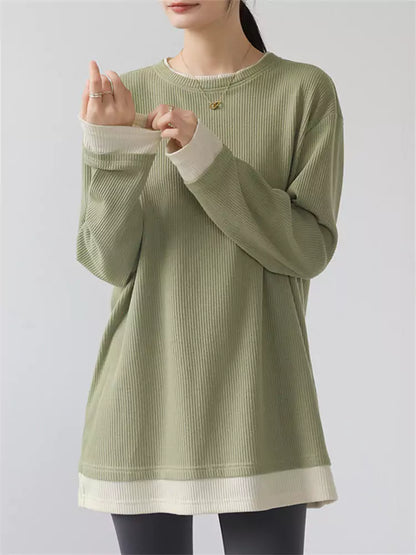 Zweiteiliges grünes Farbblock-Langarmshirt für Damen