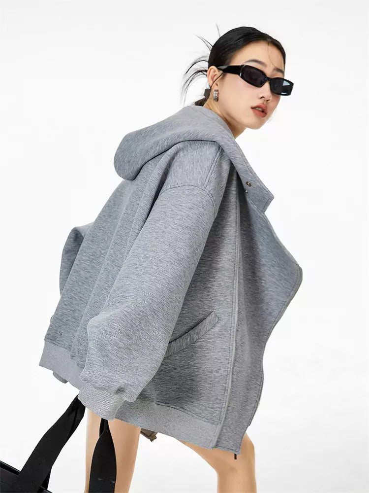 Sudadera con capucha asimétrica con cremallera gris claro vintage para mujer