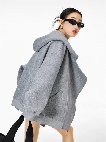 Sudadera con capucha asimétrica con cremallera gris claro vintage para mujer