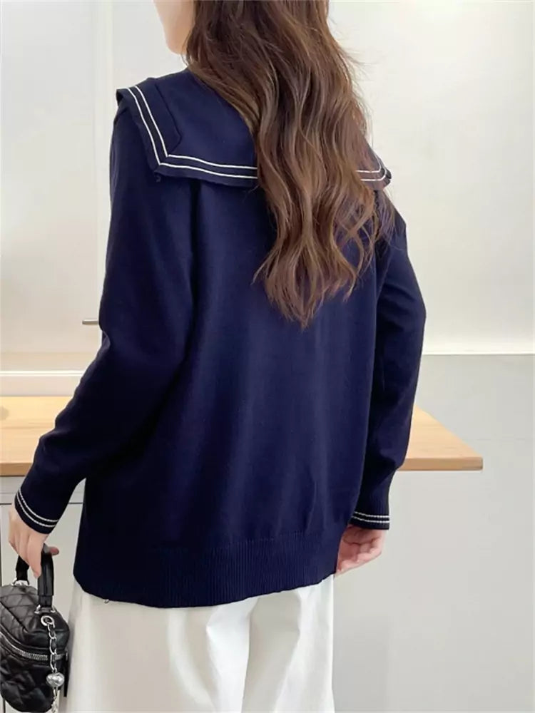 Striped Gray Sailor Collar Knit Sweater for Women