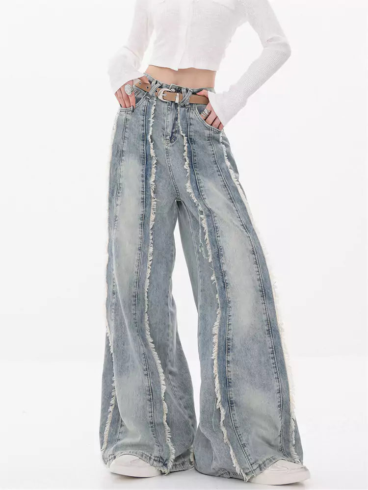 Pantalones vaqueros anchos con dobladillo sin rematar para mujer: pantalones holgados de pierna recta