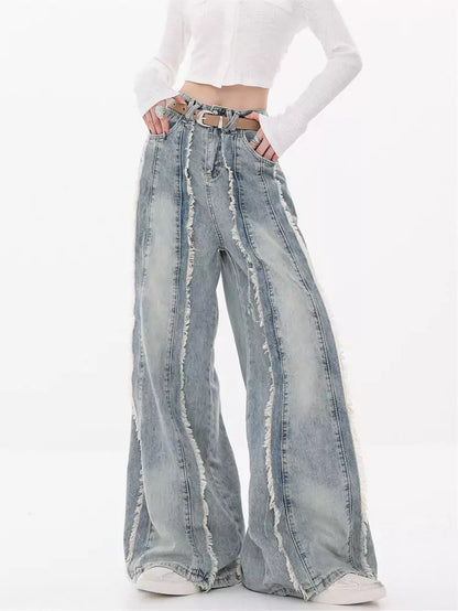 Pantalones vaqueros anchos con dobladillo sin rematar para mujer: pantalones holgados de pierna recta