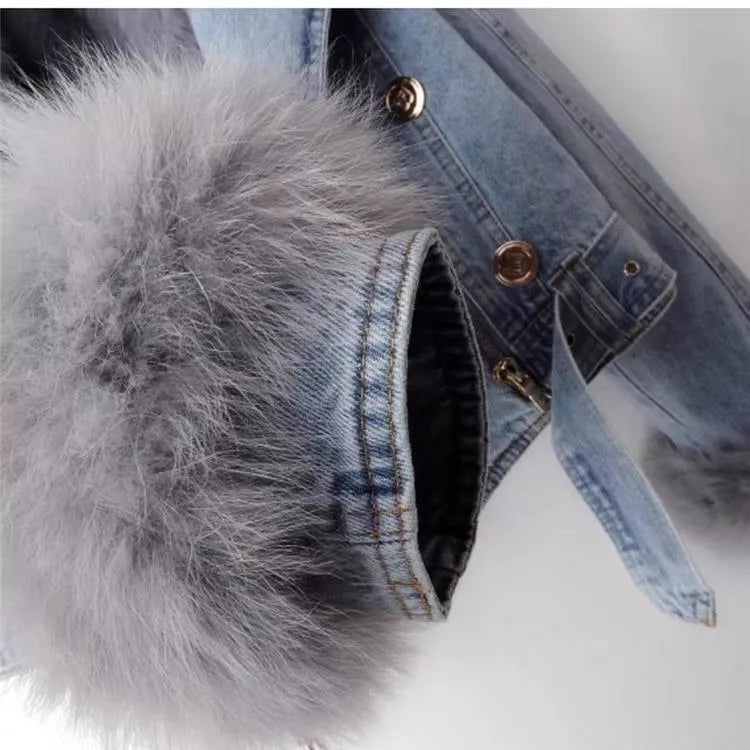 Detachable Faux Fox Fur Lined Denim Jacket for Women