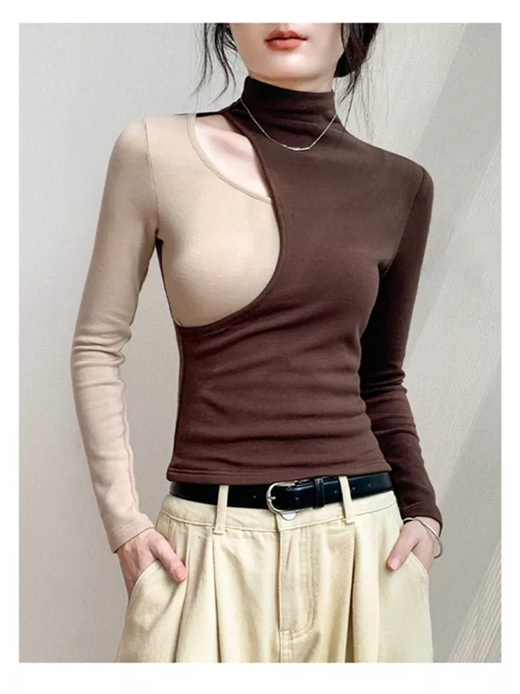 Half-Turtleneck Spliced Hollow Long Sleeve Slim Fit Top for Women