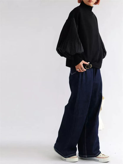 Suéter de cuello alto plisado con mangas farol para mujer - Jersey de punto de técnica mixta