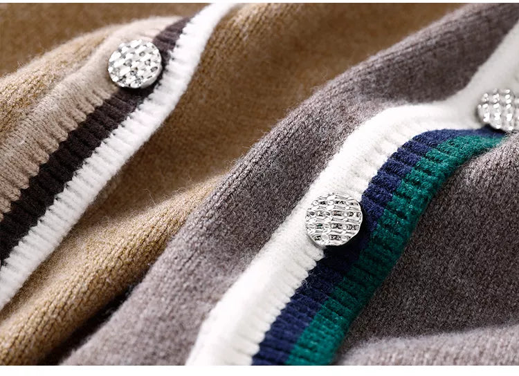 Chaleco de punto con cuello en V y botones para mujer - Cárdigan sin mangas con ribete de rayas estilo preppy