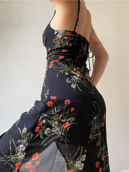 French Retro Floral Spaghetti-Strap Midi Dress for Women