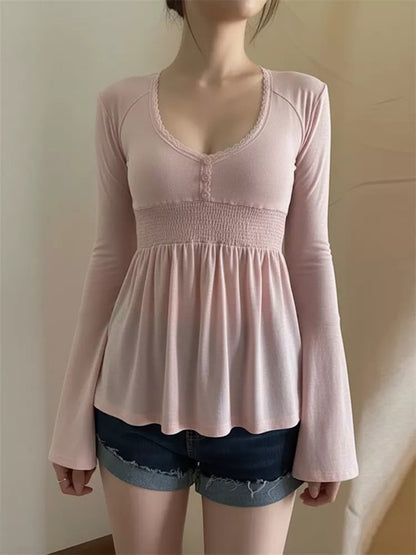 Black Lace Trim V-Neck Smocked Bell Sleeve Top