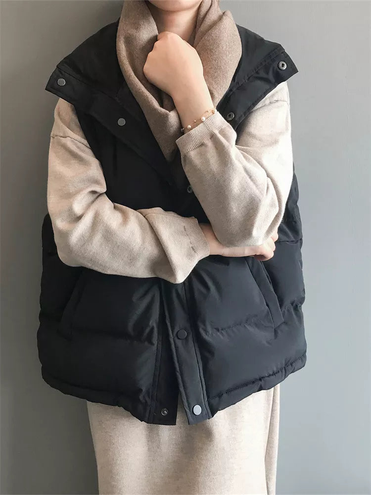 Women's Cream Beige Puffer Vest with Drawstring Waist Stand Collar