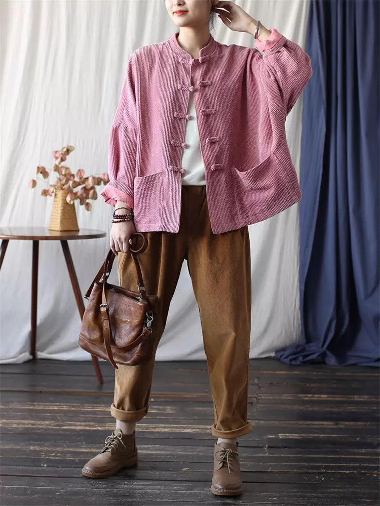 Women's Vintage Pink Corduroy Frog Button Loose Zen Blouse