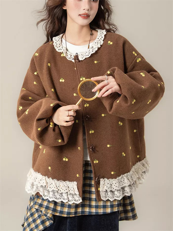 Women's French Sweet Coffee Brown Floral Embroidered Wool Blend Jacket with Lace Trim