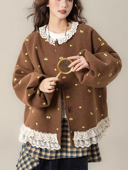Women's French Sweet Coffee Brown Floral Embroidered Wool Blend Jacket with Lace Trim