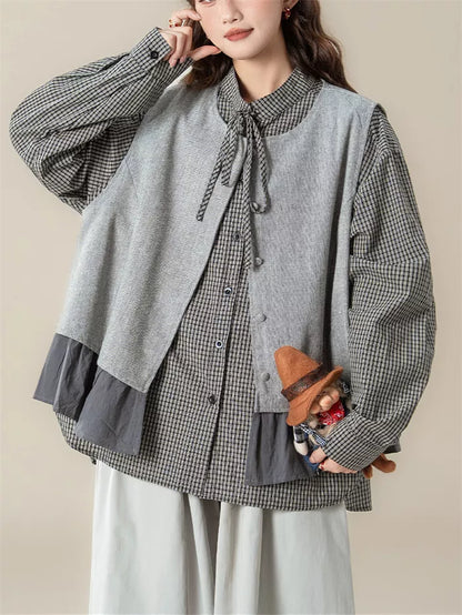 Women's Vintage 2-Piece Set Grey Ruffled Vest & Plaid Long Sleeve Shirt Layered Outfit
