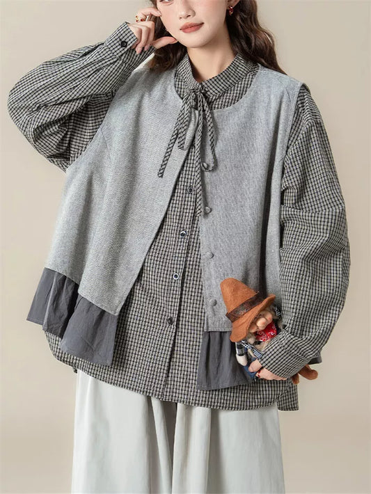 Women's Vintage 2-Piece Set Grey Ruffled Vest & Plaid Long Sleeve Shirt Layered Outfit