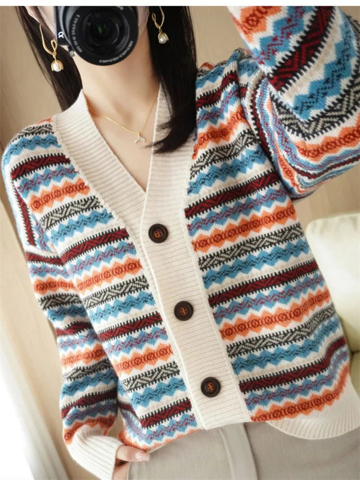 Women's Korean Style Oversized Geometric Striped Cardigan Thick Cashmere Blend V-Neck Knit Sweater Coat