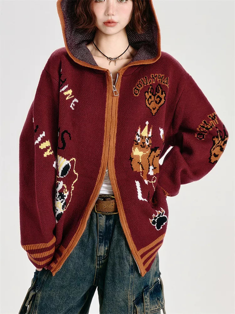 Women's Y2K Burgundy Zip-Up Hooded Cardigan Oversized Cartoon Cat Graphic Knit Jacket