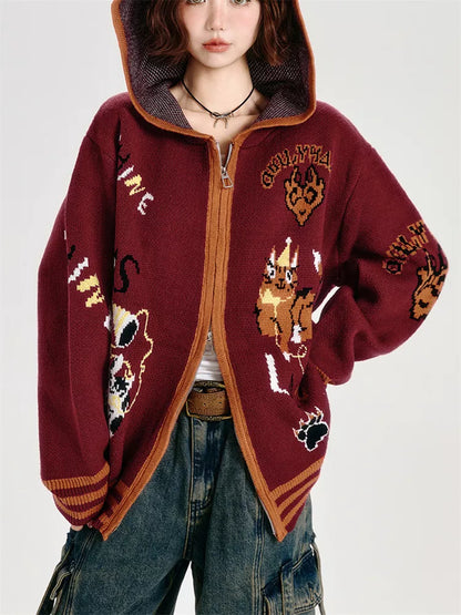 Women's Y2K Burgundy Zip-Up Hooded Cardigan Oversized Cartoon Cat Graphic Knit Jacket
