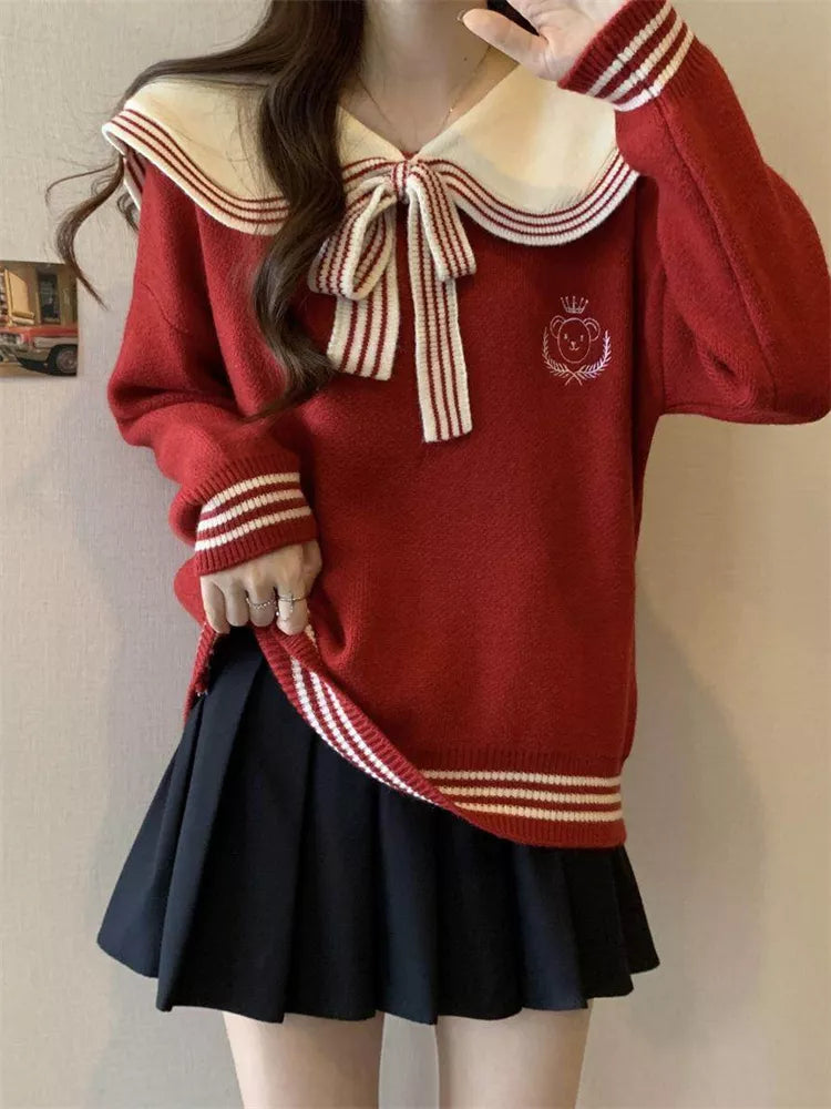 Women's Red Sailor Collar Knit Sweater Cute Preppy Style Pullover with Bow Tie & Bear Embroidery