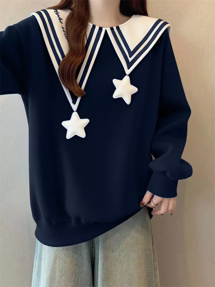Women's Navy Blue Sailor Collar Sweatshirt Cute 3D Star Pendant Pullover