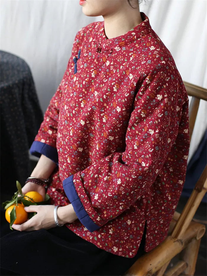 Women's Vintage Chinese Style Blue Floral Padded Jacket Cotton Linen Frog Button Short Coat