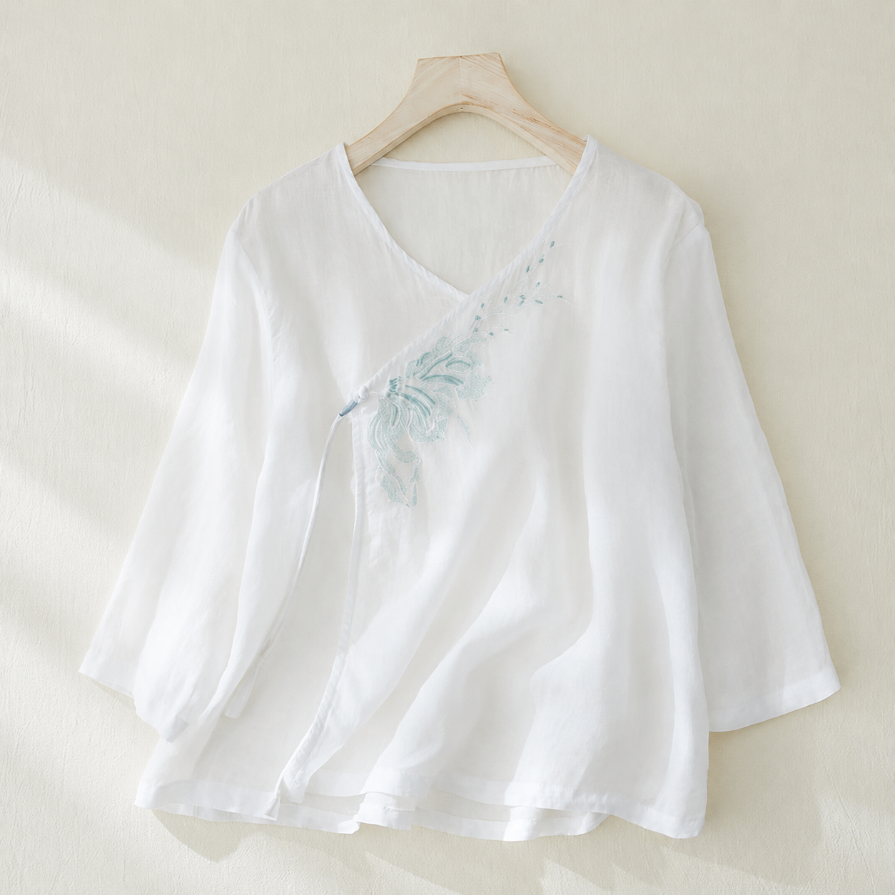 Embroidered V-Neck Top with Asymmetrical Tie Detail