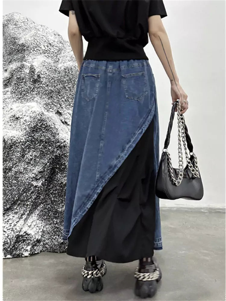 Chic Denim Patchwork Maxi Skirt with Retro Style