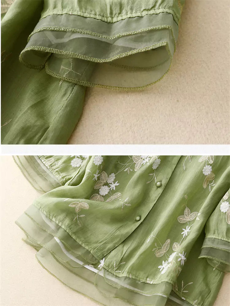 High-End Green Linen Embroidered Shirt for Women – Loose-Fit Stylish Top with Unique Patchwork Design