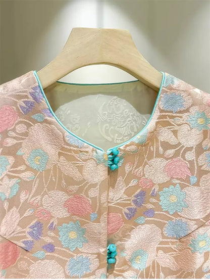 Rosa Brokatweste für Damen – Ärmellose Jacke im neuen chinesischen Stil