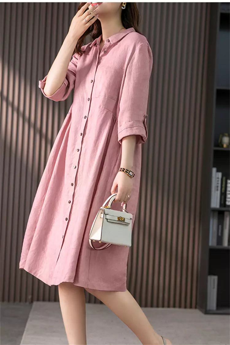 Elegant French-Style Pink Cotton Linen Shirt Dress