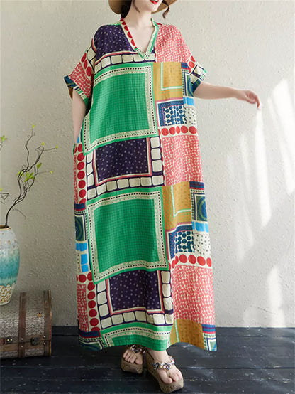 Vintage Maxikleid aus Baumwoll-Leinen-Mischgewebe mit V-Ausschnitt und lockerer Passform im Boho-Stil – perfekt für Strand und Urlaub