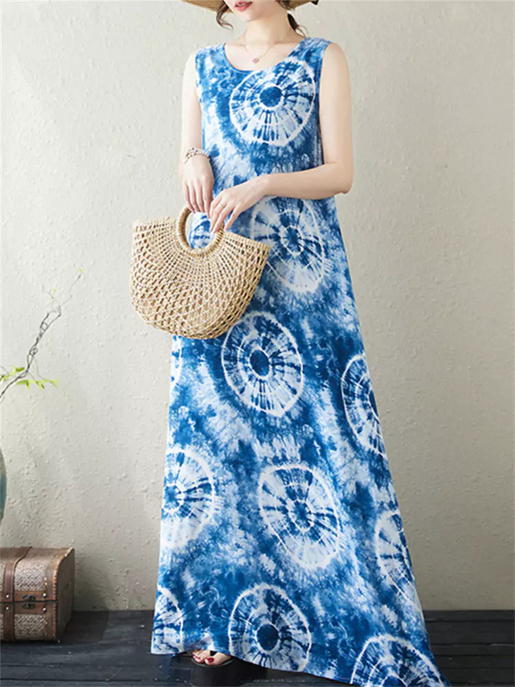 Summer Vacation Plus Size Tie-Dye Blue Sleeveless Maxi Dress