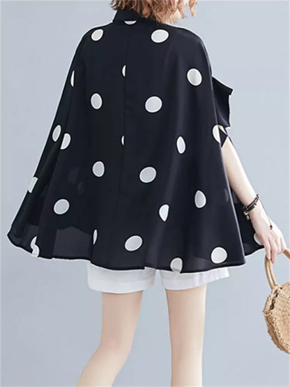 Kurze Chiffonbluse in Übergröße mit Polka-Dots für Damen, kurzärmelig, für Freizeit und Alltag