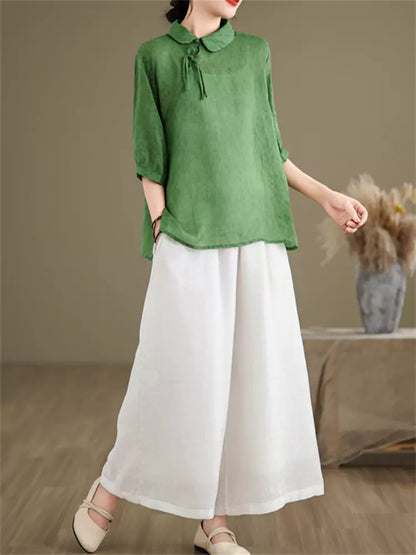 Elegantes Ramie-Hemd im chinesischen Stil für Damen, halblang, mit halben Ärmeln