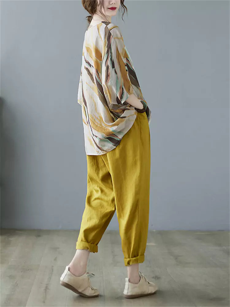 Vintage Floral Print V-Neck Loose Fit Cotton Linen Blouse for Women