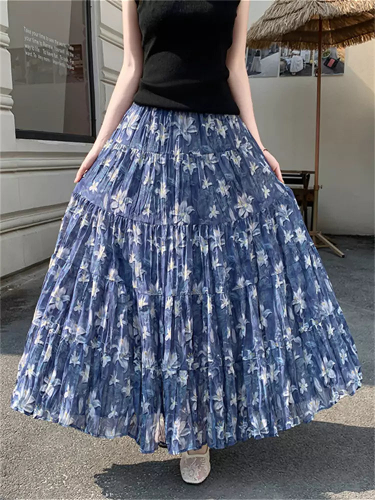 Elegant Pleated Floral Print  A-Line Skirt with Flowing Drape