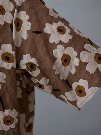 Summer Loose Fit Vintage Floral Short Sleeve Cotton Linen Shirt Dress